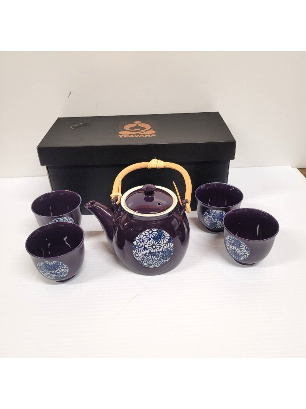 Teavana Teapot Set 5 pc Plum Blue Kaleidoscope Stoneware Japan Bamboo